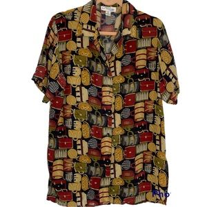 Isrida Silk Collection Vintage Bag Motif Print Button Up Shirt Size Medium
